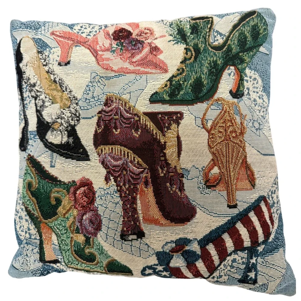 Vintage Needlepoint Heels Shoes Throw Pillow 10x10 Tapestry Accent Cushion